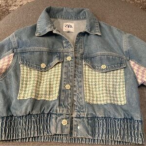 Zara tweed denim jacket with flower buttons